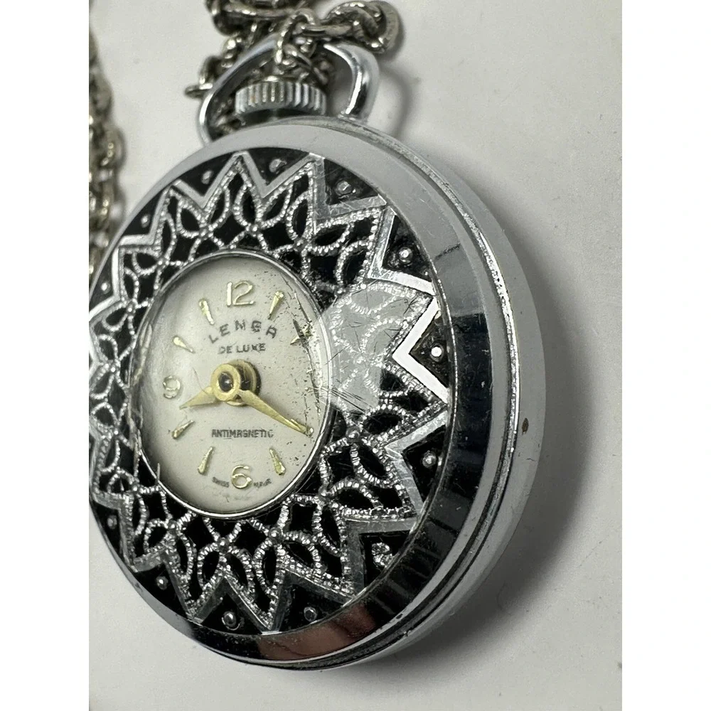 Lenga De Luxe Pendant Watch 34MM‎ Manual Wind Swiss Made Works Silver Tone A79